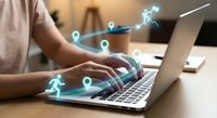 Professional woman working on laptop with digital network connections and location pins overlay representing global business connectivity and remote work technology.