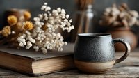 Rustic ceramic mug with dried flowers on vintage book creates cozy autumn atmosphere for coffee tea branding lifestyle photography home decor concepts.