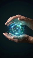 Protective hands holding glowing digital earth globe with network connections and data streams for technology and environmental concepts.