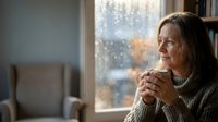 Middle-aged Caucasian woman in cozy sweater enjoying hot beverage by window on rainy day, creating warm atmosphere for relaxation and comfort concepts.