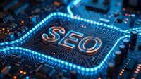 SEO text glowing on futuristic circuit board with blue LED lights and electronic components for digital marketing and search engine optimization concepts.