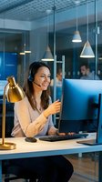 Smiling young Caucasian woman customer service representative wearing headset working at computer in modern office environment with pendant lighting.