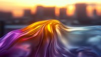 Vibrant abstract wave formation with flowing purple, gold and blue colors against urban sunset silhouette creates dynamic motion effect for modern design projects.