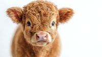 Adorable highland calf with fluffy ginger fur and bright blue eyes looking directly at camera against white background, isolated portrait for farm animal designs.