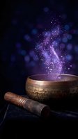 Tibetan singing bowl with wooden mallet releasing magical purple sparkles and glowing particles against dark background for meditation and wellness.
