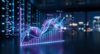 Futuristic holographic financial charts and graphs floating in modern data center with glowing blue and purple analytics displays for business intelligence.