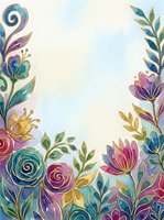 Ornate floral border frame with colorful hand-drawn flowers, roses, and decorative leaves in blue, purple, and gold tones on white background. Suitable for invitations, greeting cards, and design projects.
