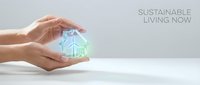 Hands protecting glowing green house icon symbolizing sustainable living, eco-friendly home, environmental protection and green energy conservation concept.