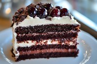 Layered chocolate cake slice with cream cheese frosting and fresh cherries on top, garnished with chocolate shavings, served on white plate. Macro food photography.