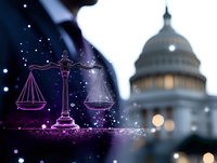 Glowing scales of justice with purple magical effect against blurred US Capitol building background, symbolizing American law and justice system at night.