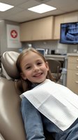 Young patient with bright smile lying in dental chair during checkup, dental x-ray visible on monitor in background. Modern medical office setting shows professional care.