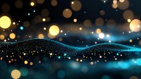 Abstract glowing wave of connected particles with golden bokeh lights on dark background creates magical atmosphere for festive designs.