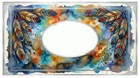 Watercolor boho frame with ornate feathers and vibrant blue, orange hues surrounding an oval copy space for text or design.