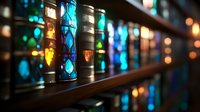 Colorful stained glass windows in church create mesmerizing pattern of blue, yellow and turquoise lights, with bokeh effect in dark interior setting.