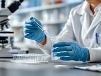 Laboratory scientist in protective gloves pipetting liquid sample into test tube for medical research analysis in modern clinical facility with microscope.