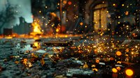 Glowing orange bokeh lights scattered across wet pavement during rainfall create magical atmosphere with blurred urban background and reflections in puddles.