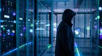 Hooded figure in dark server room with glowing blue lights and data center equipment. Cybersecurity concept for technology and network security themes.