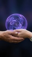 Hands holding glowing purple energy sphere with mystical swirls and cosmic patterns against dark blue background for spiritual and metaphysical concepts.