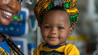 African baby wearing traditional headwrap and yellow shirt smiles brightly while being held, showing pure joy and cultural heritage against blurred background.