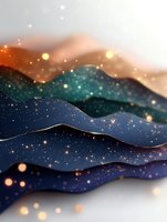Abstract mountain landscape with layered waves in deep blue and teal tones, decorated with golden sparkles and glowing particles against misty background.