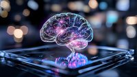 Glowing translucent brain with pink and blue neural connections floating above digital tablet screen against dark background with bokeh lights, representing artificial intelligence.