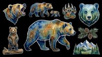 Watercolor bear collection featuring roaring grizzly head, walking bears in various sizes, paw prints, forest pine branches, and mountain landscape. Isolated on transparent background, ready for t-shirts, clipart, stickers, and print-on-demand designs.