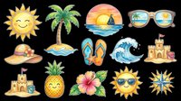 Colorful summer clipart set with sun, palm tree, sandcastle, flip flops, wave, pineapple, hibiscus, sunglasses, and compass, isolated on transparent background for stickers and t-shirt design.