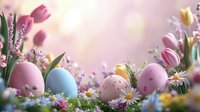 Colorful Easter eggs nestled among spring flowers, daisies, and tulips on soft pink background with dreamy bokeh effect, creating festive holiday atmosphere.