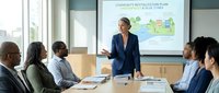Professional businesswoman presenting community revitalization plan to diverse corporate team in modern conference room with projection screen.