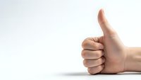 Hand showing thumbs up gesture on white background expressing approval and positive feedback for business communication.