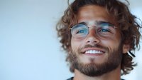 Young Caucasian man with curly hair, beard and glasses smiling confidently against light background. Natural genuine expression portrays happiness and optimism.