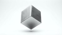Metallic silver cube with brushed steel texture floating on white background. Modern geometric shape with reflective surfaces and shadow beneath.