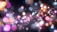 Glowing transparent spheres connected by light streams floating in dark space with colorful bokeh effects and sparkles. Abstract magical background for creative designs.