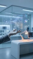 Businessman hand displaying holographic data visualization with glowing network connections in modern office environment for digital transformation.