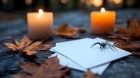 Halloween spider decoration on white envelope with autumn leaves and glowing candles creating spooky atmospheric scene for seasonal greeting cards.