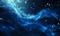 Abstract blue glowing wave of connected particles flowing on dark background with bokeh light effects, representing digital network or technology concept.