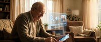 Senior Caucasian man using futuristic holographic interface technology on tablet in cozy living room. Digital innovation concept for elderly users.