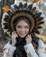 Young woman with freckles and blue eyes wearing ornate black and gold feather headdress smiles warmly while adjusting fur collar of white vintage coat in autumn setting.