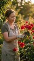 Middle-aged woman, Caucasian ethnicity, wearing gardening apron and gloves, tending red roses in sunny garden setting with golden bokeh background.