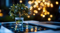 Small potted plant in glass container on reflective surface with warm bokeh lights creating cozy atmospheric lighting for home decor and interior design concepts.