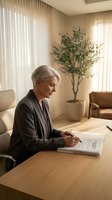 Senior businesswoman signing contract documents at modern office desk with natural lighting and professional interior design.