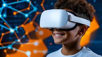 Young African American boy wearing virtual reality headset smiling against futuristic blue and orange molecular background, modern technology concept.