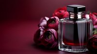 Luxury perfume bottle with elegant glass design surrounded by deep red roses on burgundy background for romantic fragrance advertising.