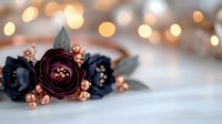 Dark burgundy and navy blue floral arrangement with copper berries against soft bokeh lights background, creating romantic wedding or celebration atmosphere.