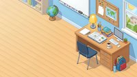 Young student's organized study desk with globe, books, and supplies in bright classroom setting with windows and natural light.