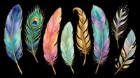 Colorful watercolor feathers set with gold accents, isolated on transparent background. Includes peacock feather clipart, ready for stickers, t-shirt design, and print on demand.