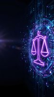 Digital justice scales with neon glow surrounded by futuristic circuit patterns and glowing particles on dark background for legal technology concepts.