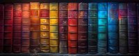 Colorful vintage leather-bound books arranged in rainbow order on wooden shelf, creating atmospheric library backdrop perfect for education and knowledge concepts.