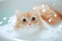 Adorable ginger Persian cat with big round eyes taking bubble bath, soft focus portrait with bokeh lights and foam, looking directly at camera with curious expression.