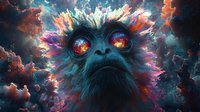 Surreal monkey face with glowing cosmic eyes against dramatic stormy sky, featuring vibrant neon colors and ethereal energy effects in fantasy art style.